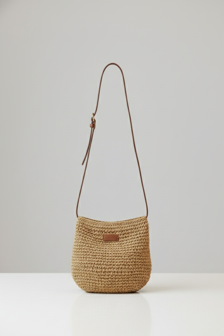 Women’s Shoulder Bag with Woven Surface and Long Strap