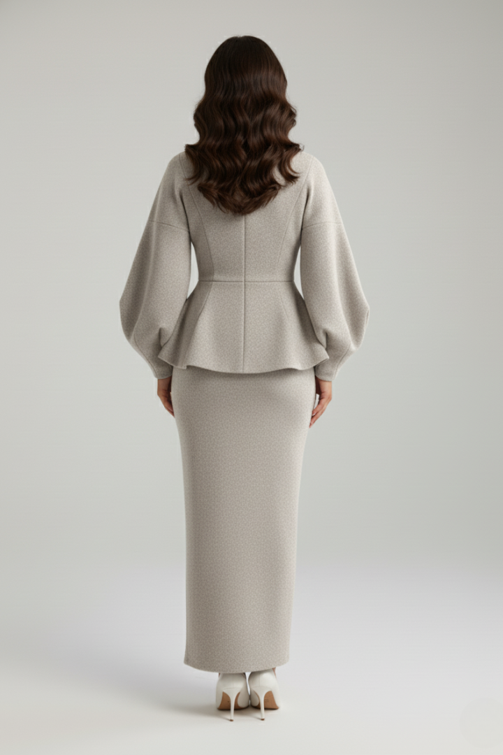 Women’s Skirt Suit Set with V-Neck Blazer and Puff Sleeves