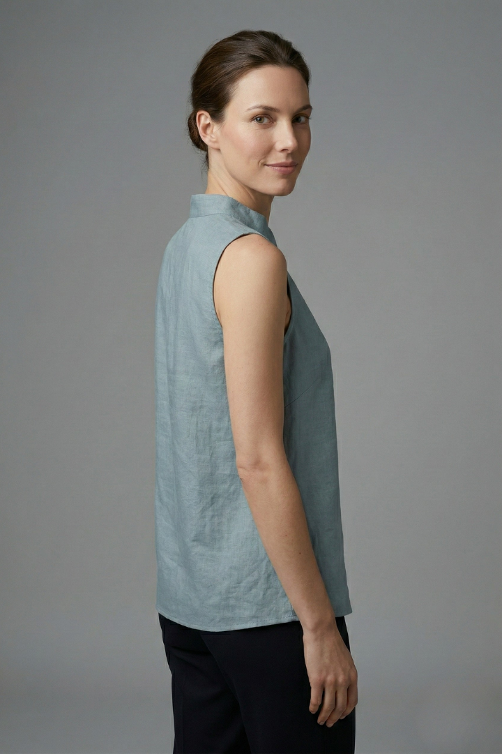Women’s Sleeveless Blouse with High Neck and Button Placket