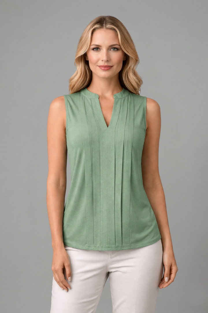 Women’s Sleeveless Blouse with V-Neck and Pleated Front