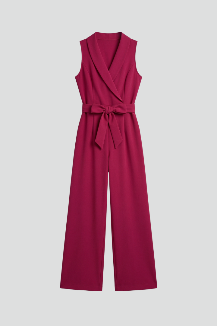 Women’s Sleeveless Jumpsuit with V-Neck and Tie Waist