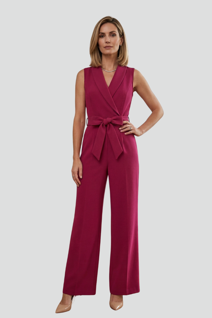 Women’s Sleeveless Jumpsuit with V-Neck and Tie Waist
