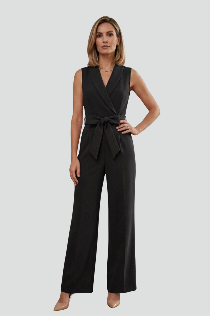 Women’s Sleeveless Jumpsuit with V-Neck and Tie Waist