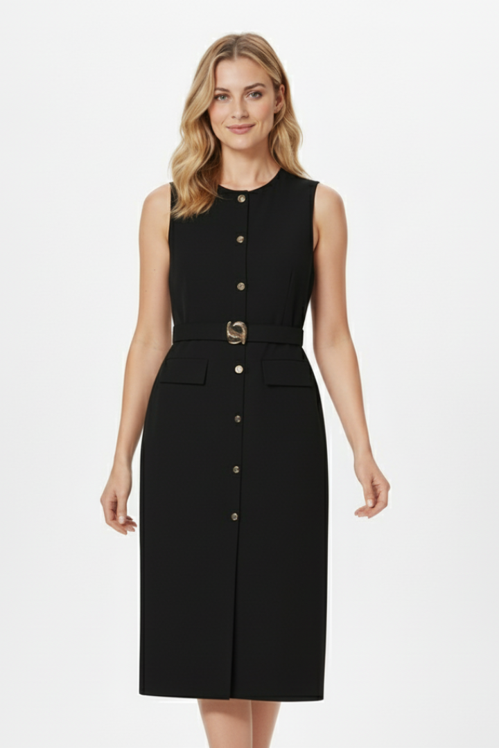 Women’s Sleeveless Midi Dress with Buttons and Belted Waist