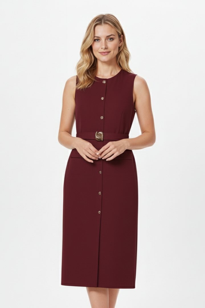 Women’s Sleeveless Midi Dress with Buttons and Belted Waist