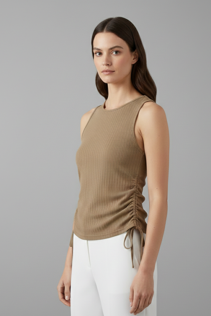 Women’s Sleeveless Top with Round Neck and Side Ruching