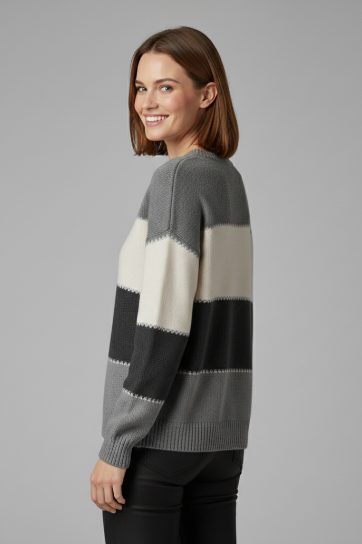 Women's Striped Knit Sweater with Round Neck and Ribbed Trim