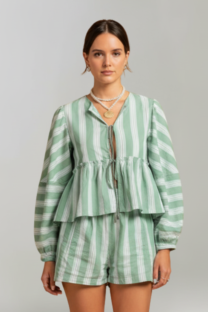 Women’s Striped Long-Sleeve Top and High-Waisted Shorts Set