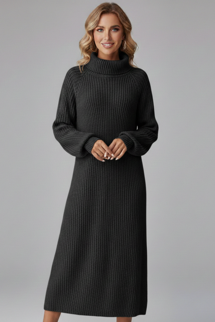 Women’s Sweater Dress with High Neck and Long Sleeves