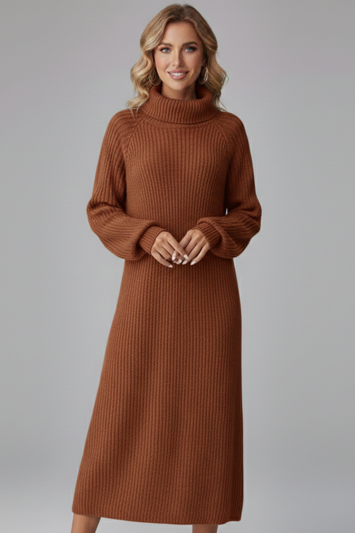 Women’s Sweater Dress with High Neck and Long Sleeves