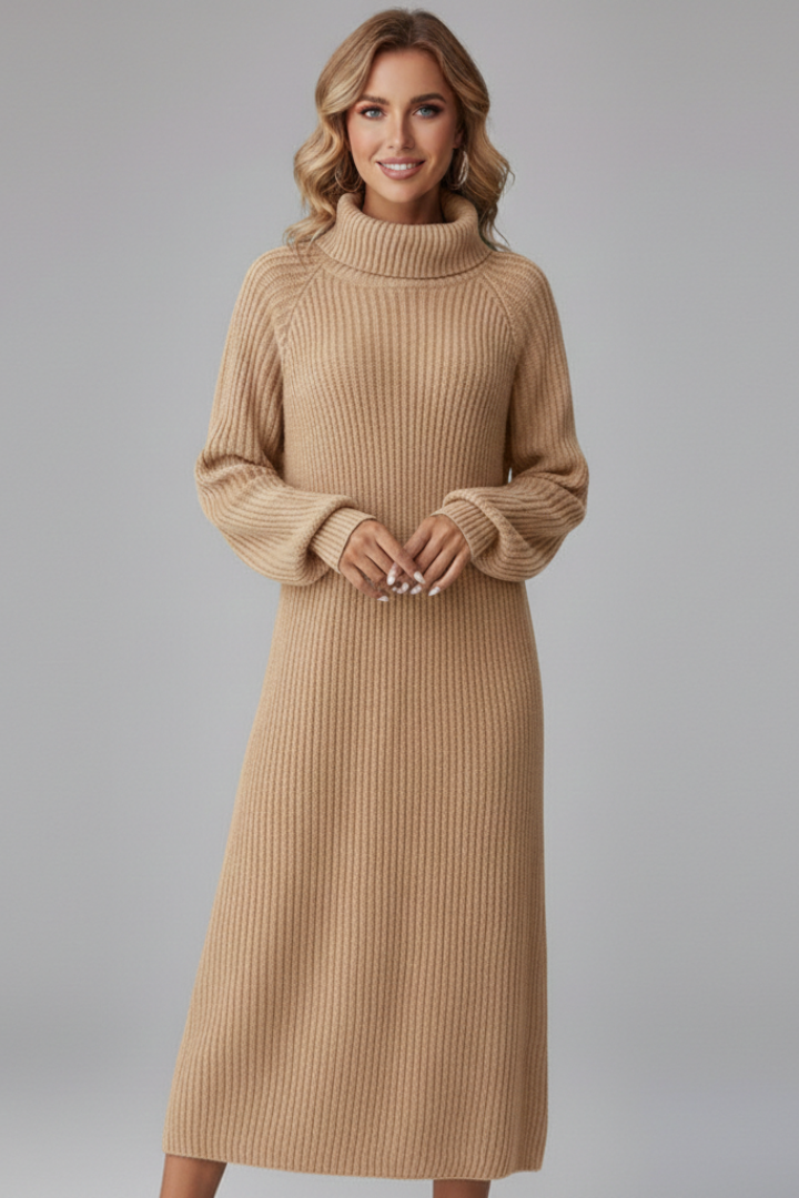 Women’s Sweater Dress with High Neck and Long Sleeves