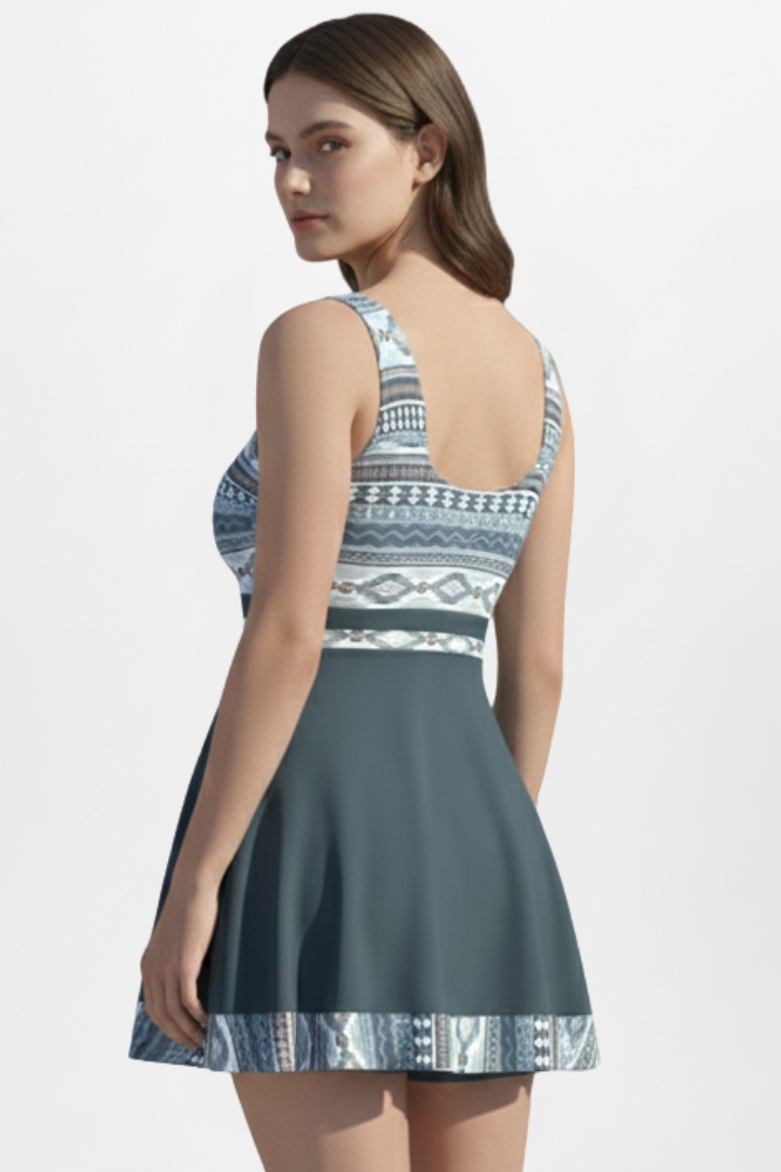 Women’s Swim Dress with Printed Upper and Tie Front