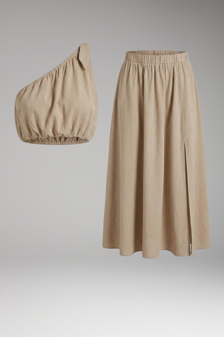 Women’s Top and Midi Skirt with One Shoulder and Elastic Waist