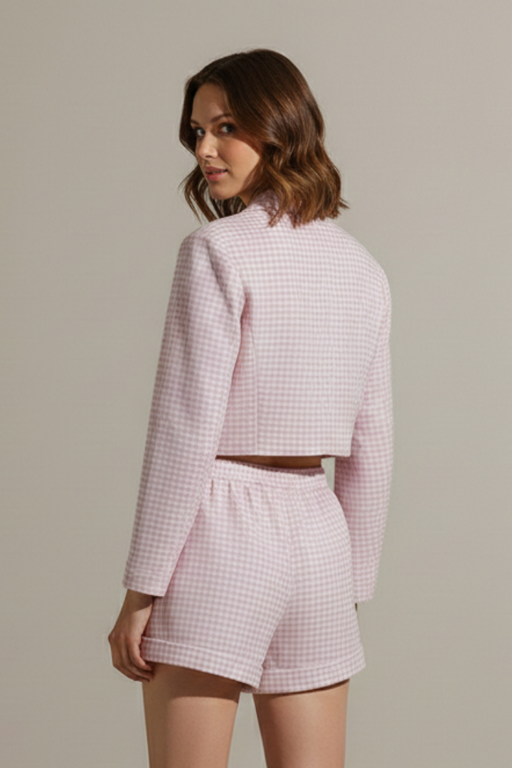 Women’s Top and Shorts Set with Gingham Pattern and Elastic Waist