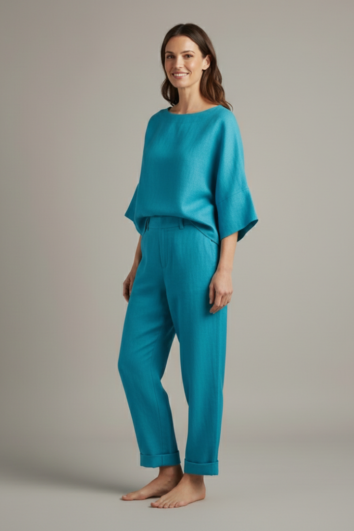 Women’s Top and Trousers Set with Round Neck and Elastic Waistband