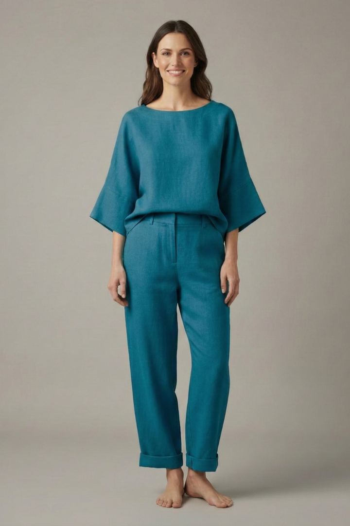 Women’s Top and Trousers Set with Round Neck and Elastic Waistband