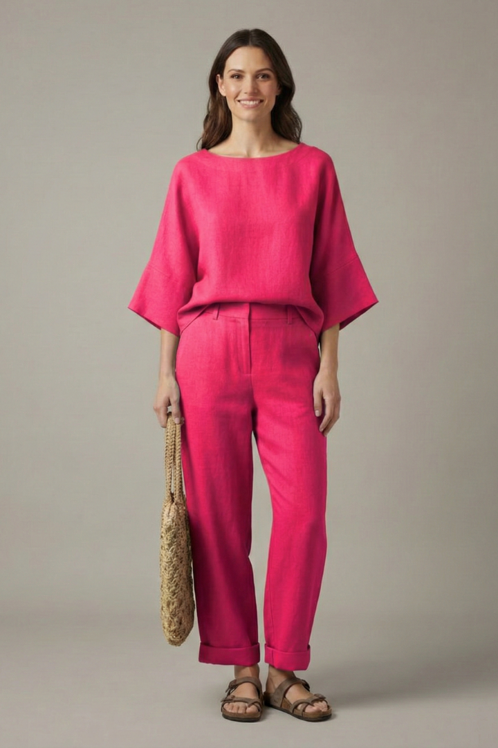 Women’s Top and Trousers Set with Round Neck and Elastic Waistband