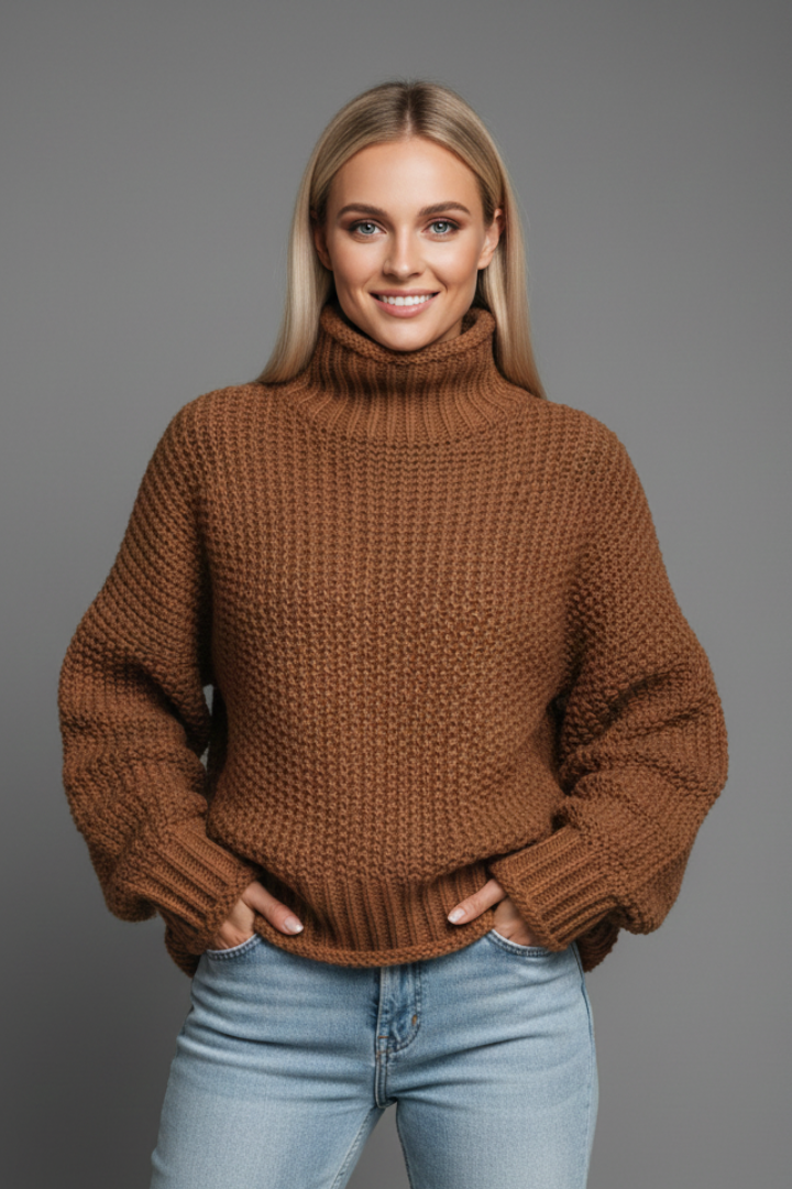 Women’s Turtleneck Jumper with Knit Texture and Long Sleeves