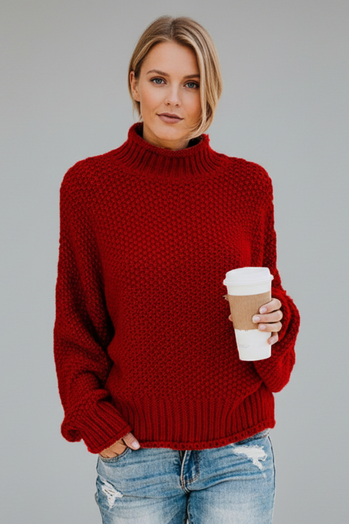 Women’s Turtleneck Jumper with Knit Texture and Long Sleeves