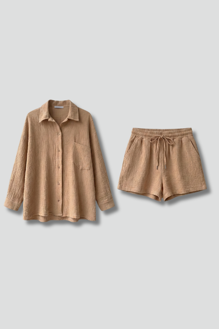 Women’s Two-Piece Set with Button Shirt and Drawstring Shorts