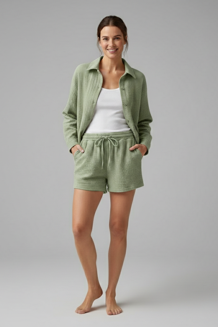 Women’s Two-Piece Set with Button Shirt and Drawstring Shorts