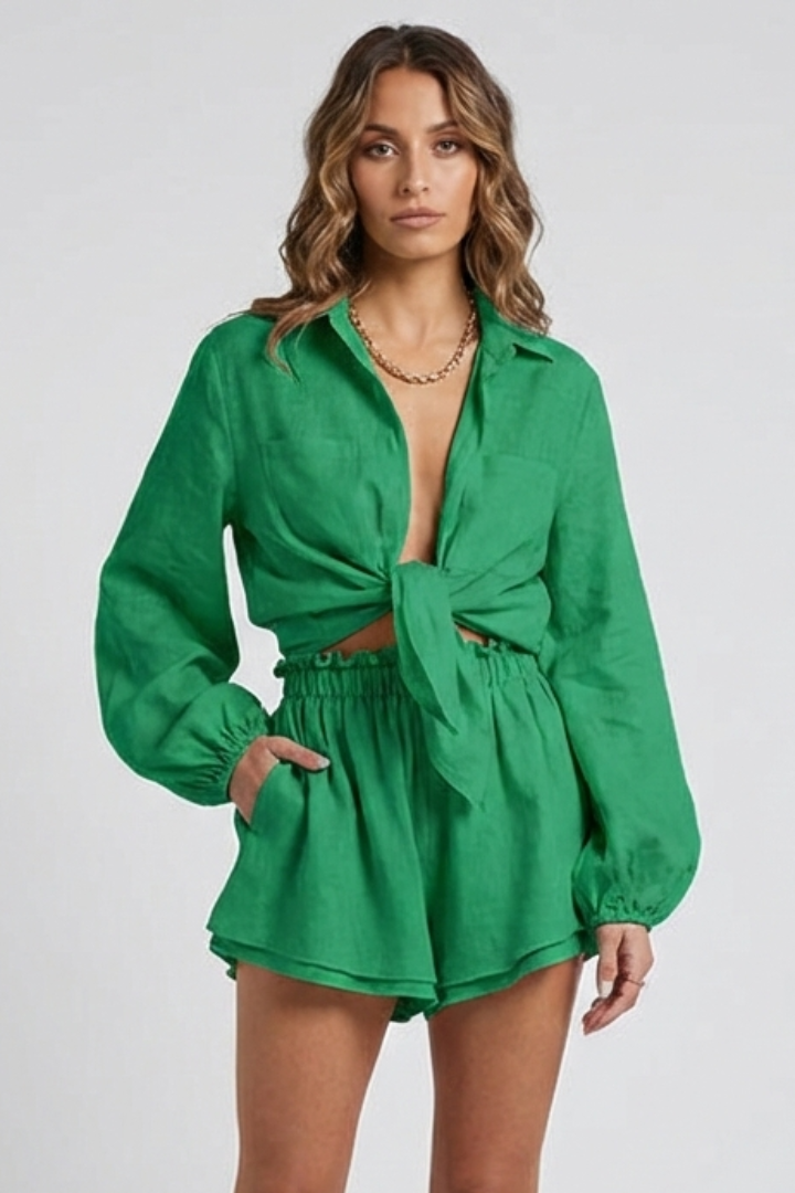 Women’s Two-Piece Set with Button Shirt and Shorts