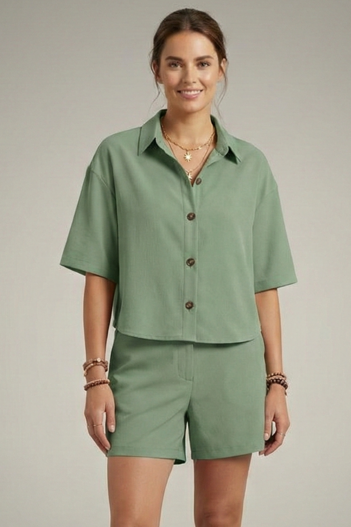 Women’s Two-Piece Set with Button Shirt and Shorts