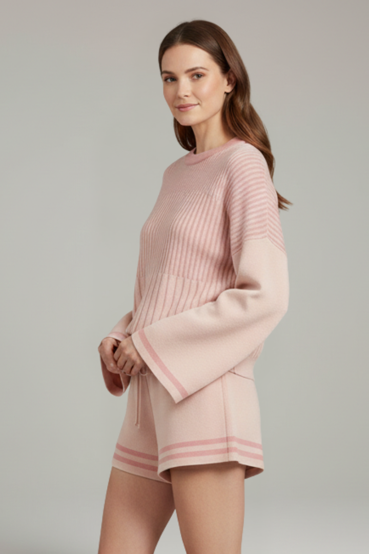 Women’s Two-Piece Set with Long Sleeve Top and Drawstring Shorts