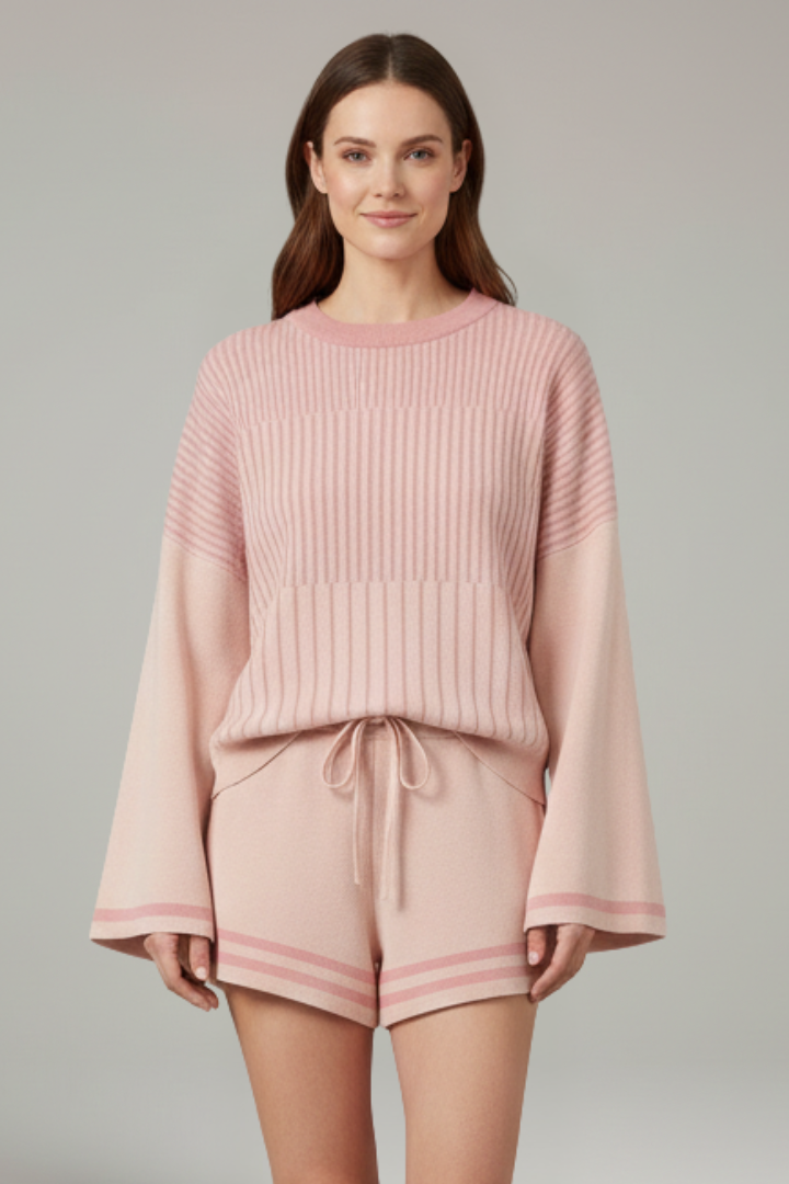 Women’s Two-Piece Set with Long Sleeve Top and Drawstring Shorts