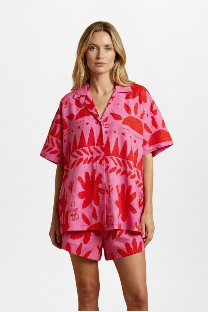 Women’s Two-Piece Set with Printed Shirt and Matching Shorts