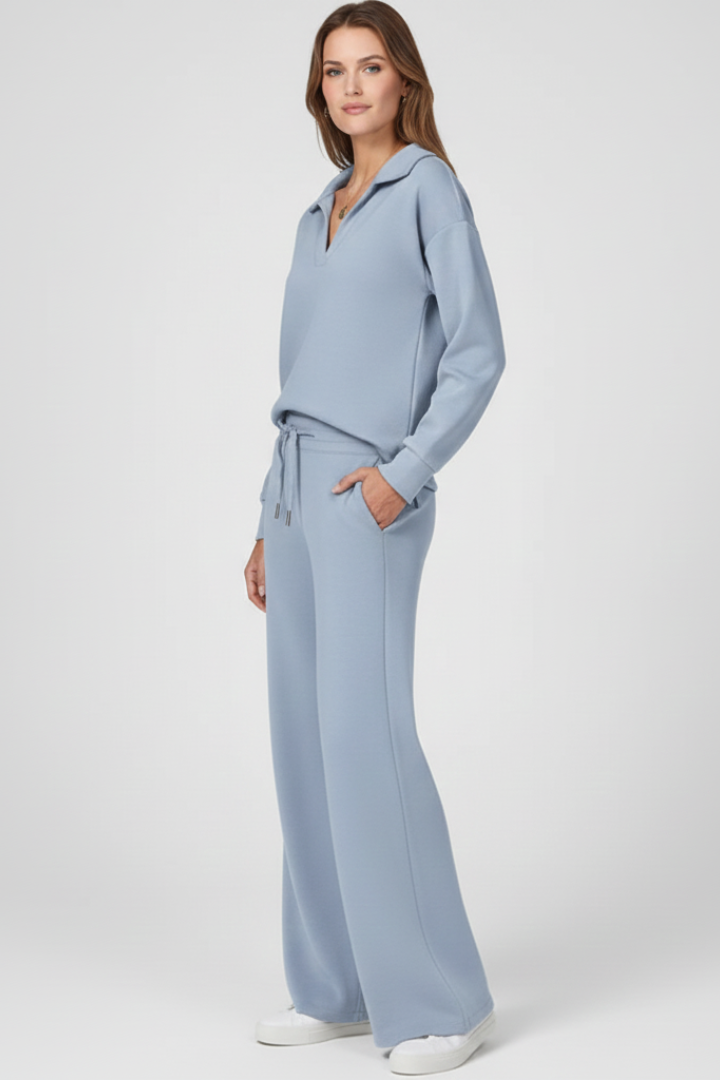 Women’s Two-Piece Set with V-Neck Top and Drawstring Trousers