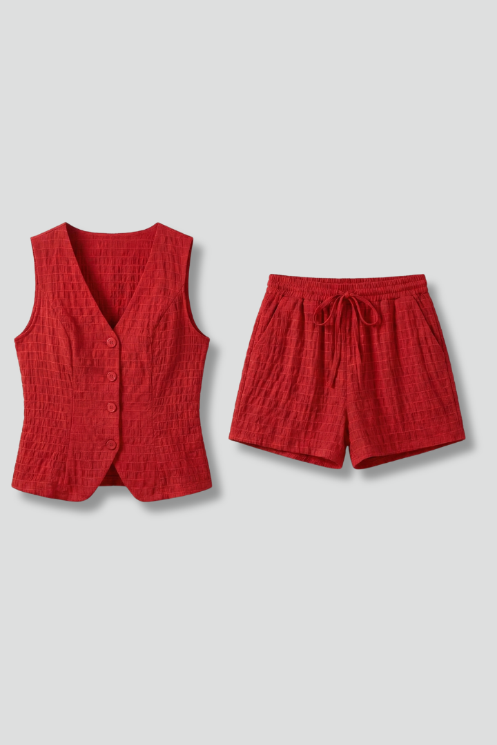 Women’s Two-Piece Set with V-Neck Top and Elastic Shorts