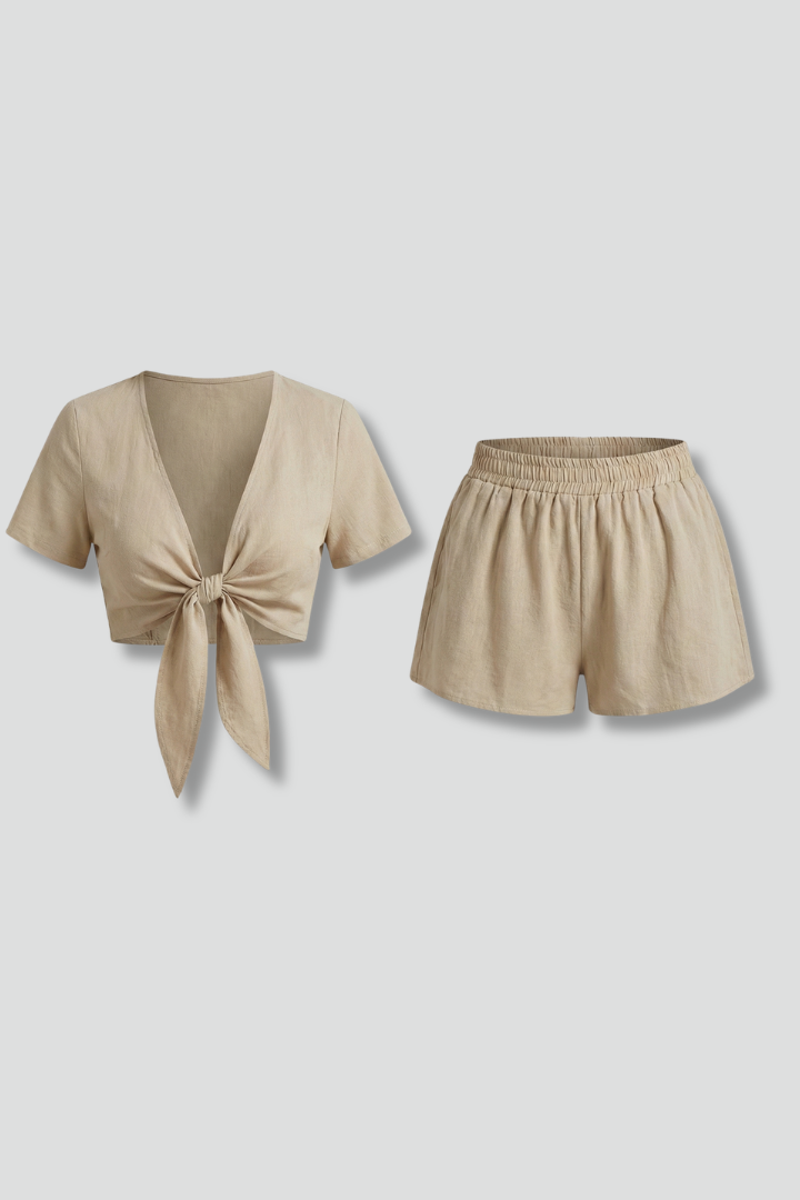 Women’s Two-Piece Set with V-Neck Top and Shorts