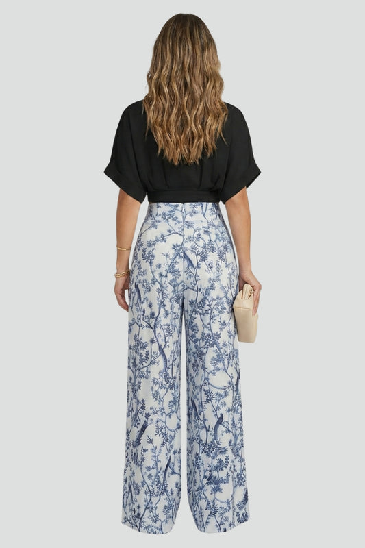 Women’s Two-Piece Set with V-Neck Top and Wide-Leg Trousers