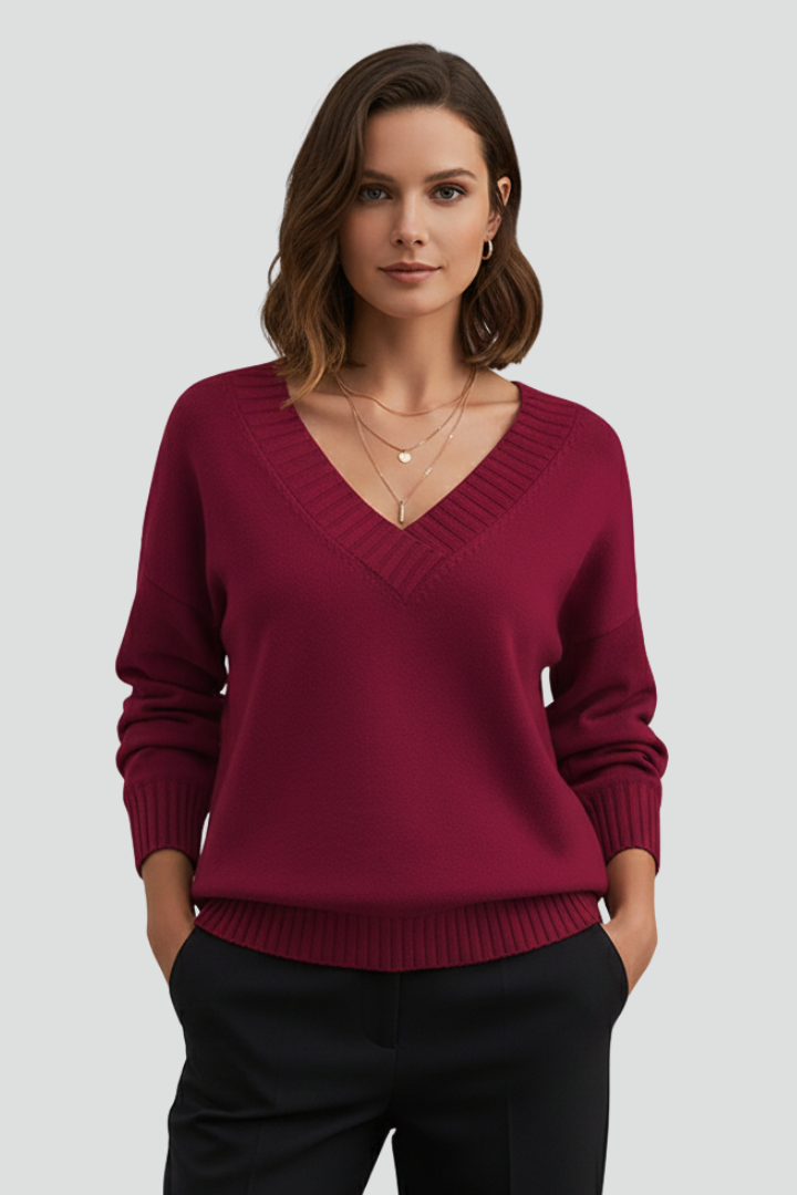 Women’s V-Neck Jumper with Long Sleeves and Plain Surface