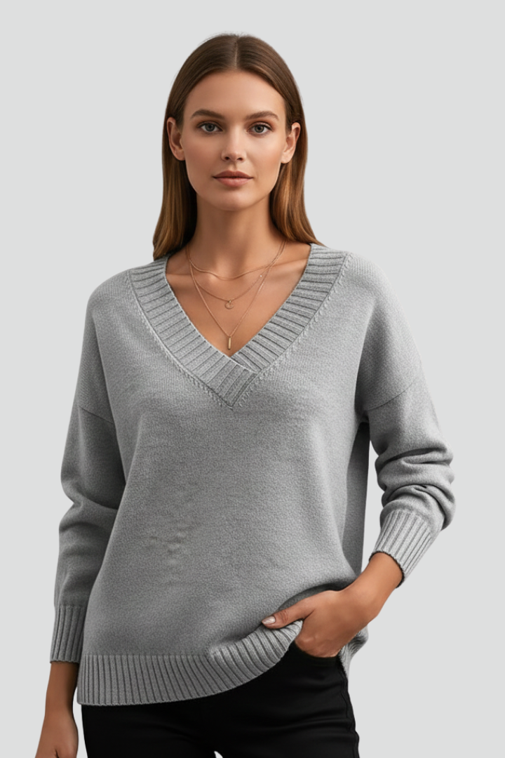 Women’s V-Neck Jumper with Long Sleeves and Plain Surface