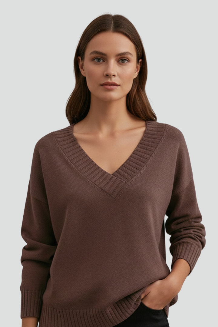 Women’s V-Neck Jumper with Long Sleeves and Plain Surface