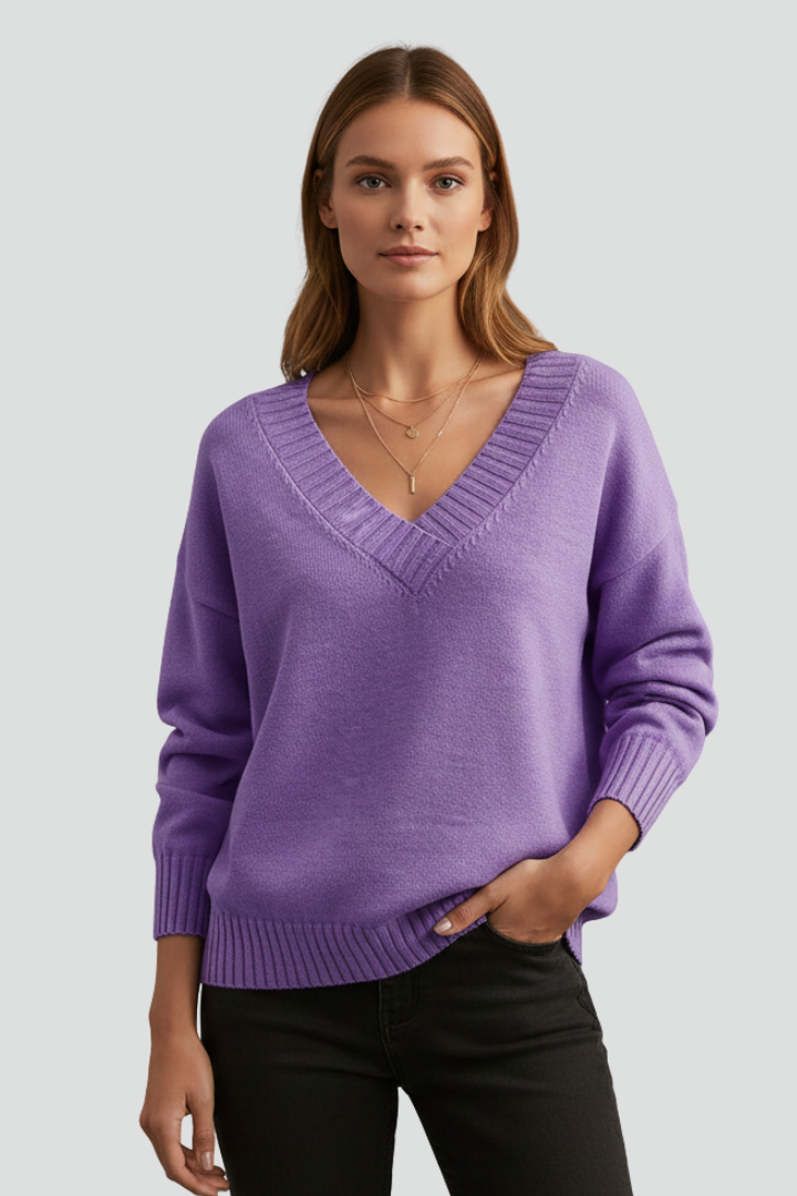 Women’s V-Neck Jumper with Long Sleeves and Plain Surface
