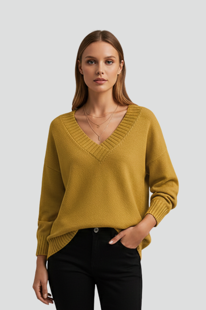 Women’s V-Neck Jumper with Long Sleeves and Plain Surface