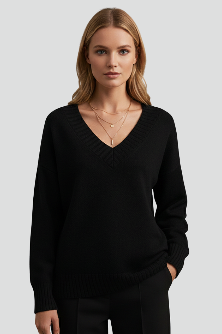 Women’s V-Neck Jumper with Long Sleeves and Plain Surface
