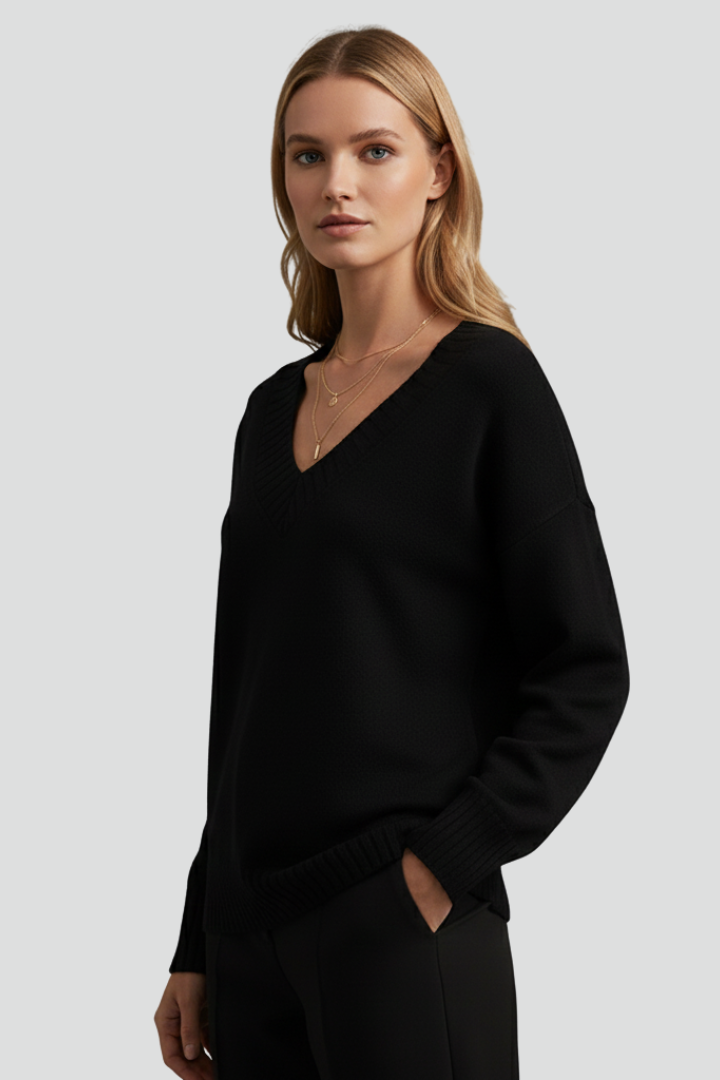 Women’s V-Neck Jumper with Long Sleeves and Plain Surface