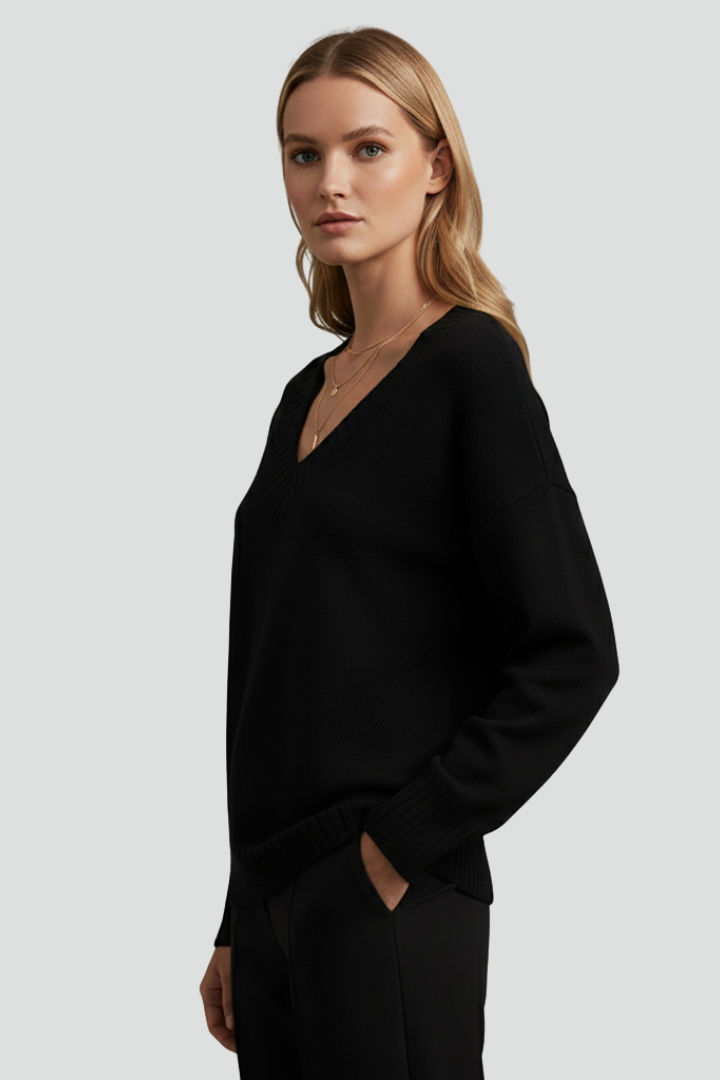 Women’s V-Neck Jumper with Long Sleeves and Plain Surface