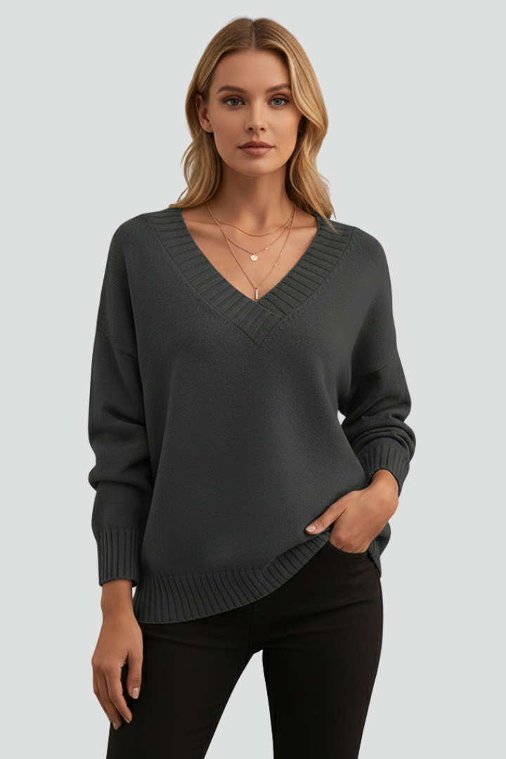 Women’s V-Neck Jumper with Long Sleeves and Plain Surface
