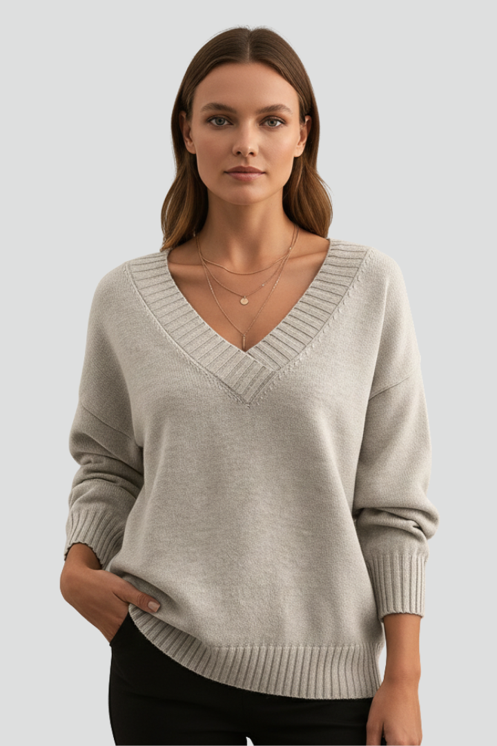 Women’s V-Neck Jumper with Long Sleeves and Plain Surface
