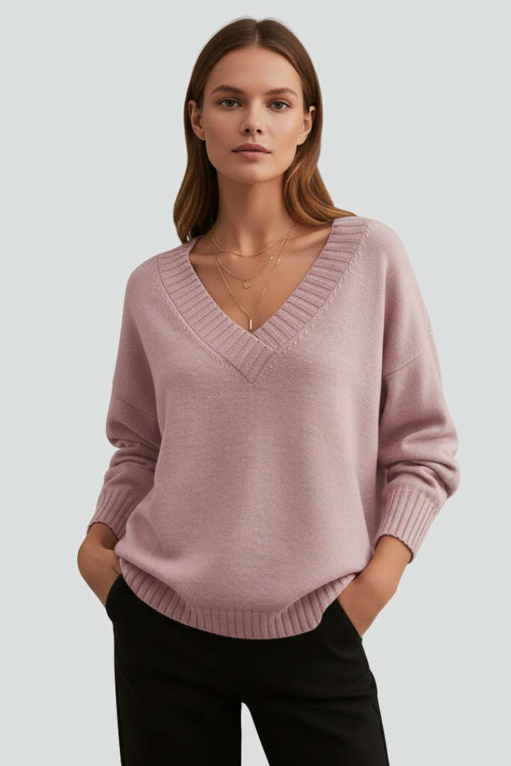 Women’s V-Neck Jumper with Long Sleeves and Plain Surface