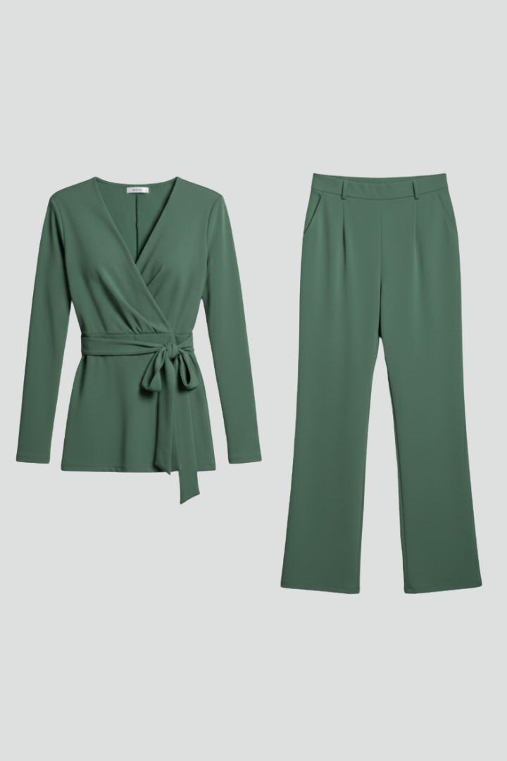 Women’s V-Neck Jumpsuit with Long Sleeves and Tie Waist