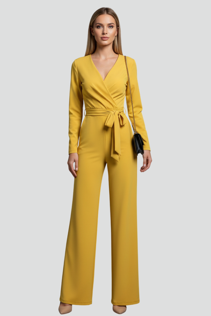 Women’s V-Neck Jumpsuit with Long Sleeves and Tie Waist