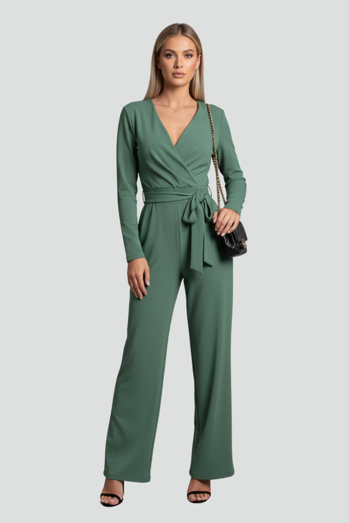 Women’s V-Neck Jumpsuit with Long Sleeves and Tie Waist