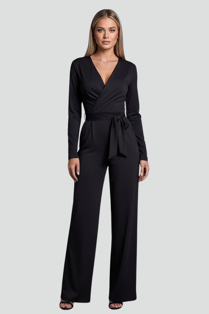 Women’s V-Neck Jumpsuit with Long Sleeves and Tie Waist