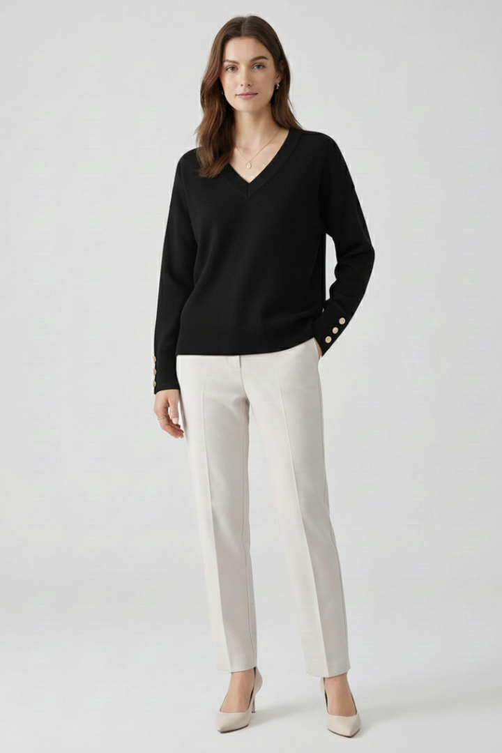 Women’s V-Neck Sweater with Dropped Shoulders and Buttoned Cuffs